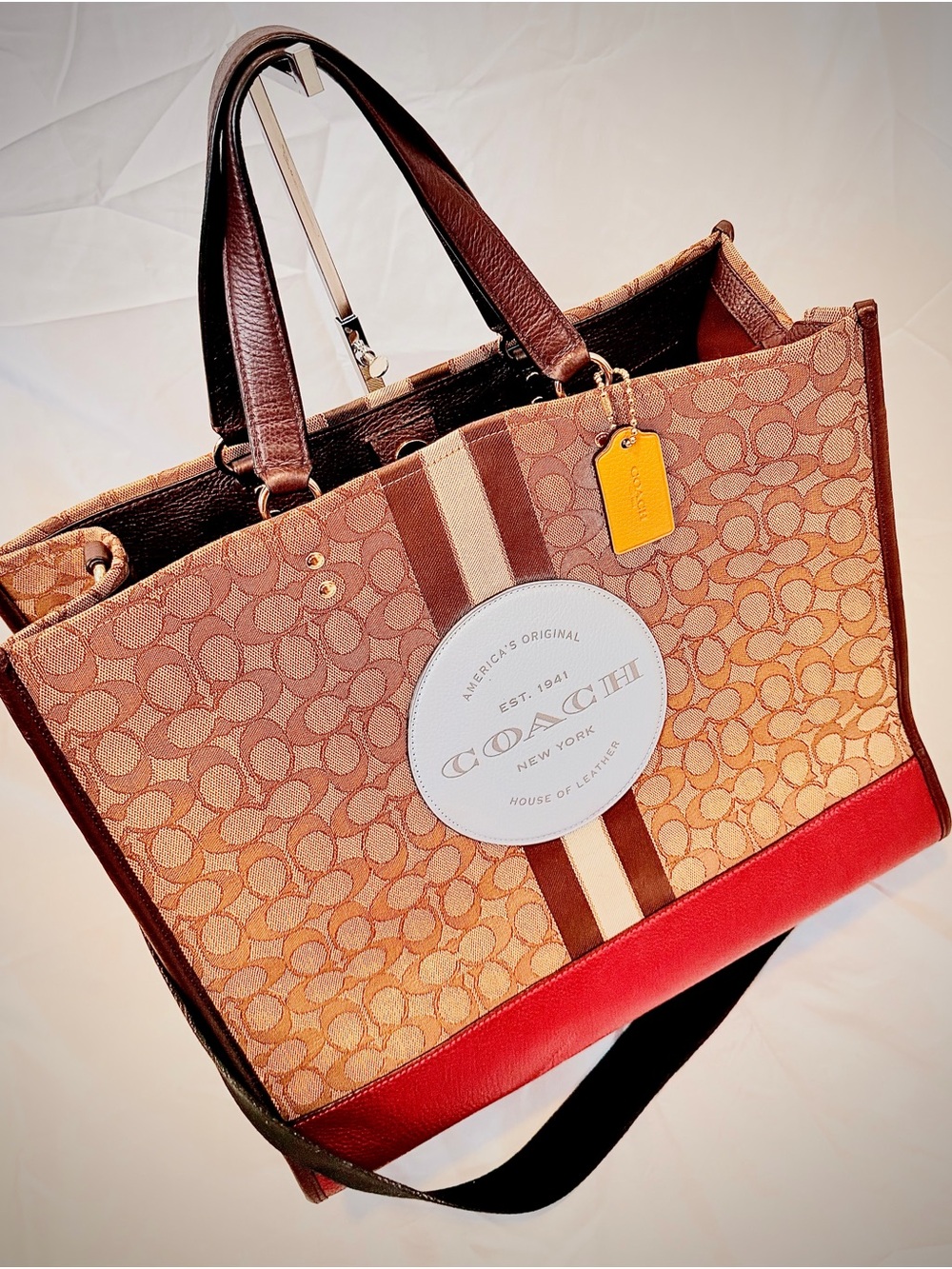 Coach Signature Canvas Tote in Brown, Red and Cream with Stripe Detail